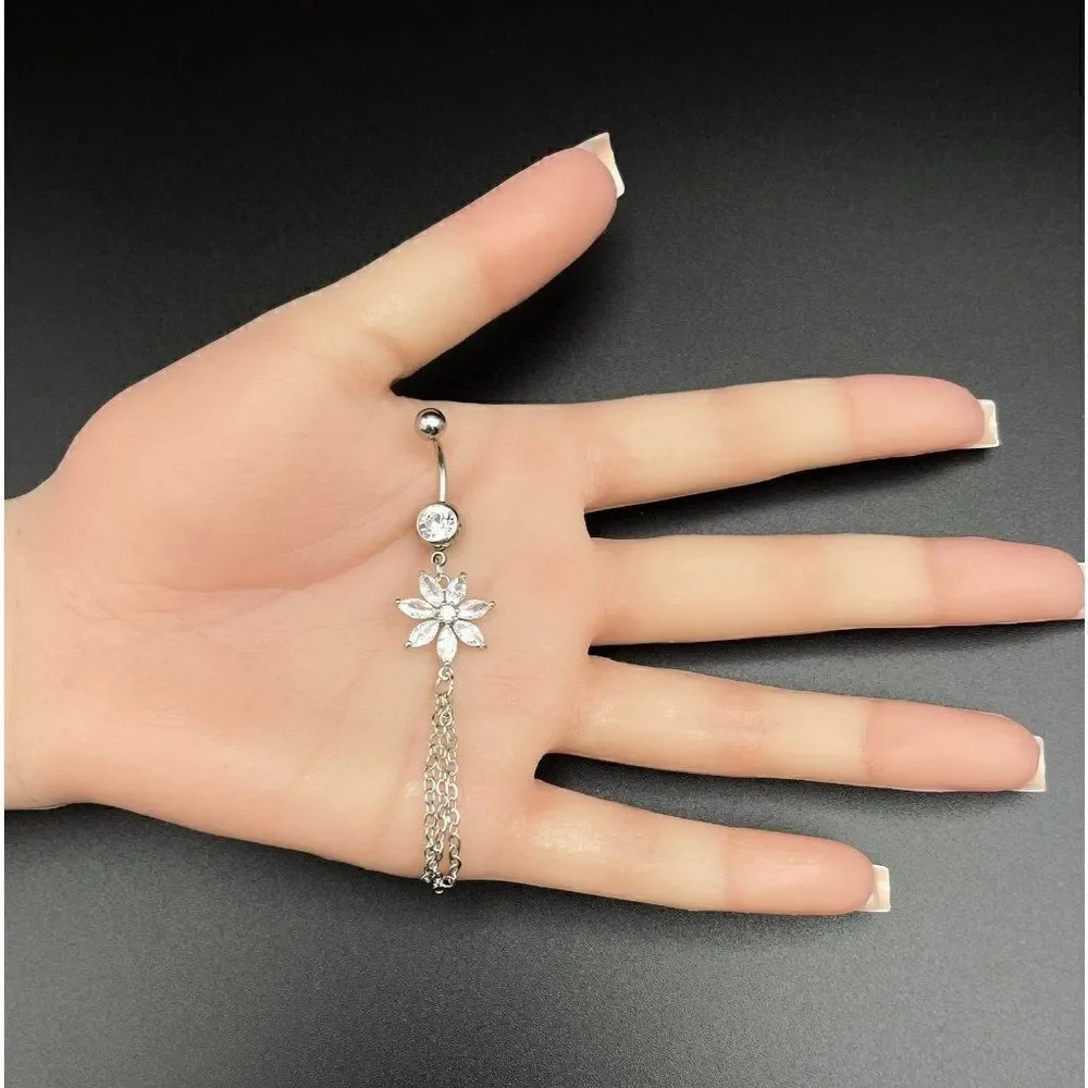 316L Stainless Steel with White Diamond Cubic Zirconia Flower 14G Belly Ring